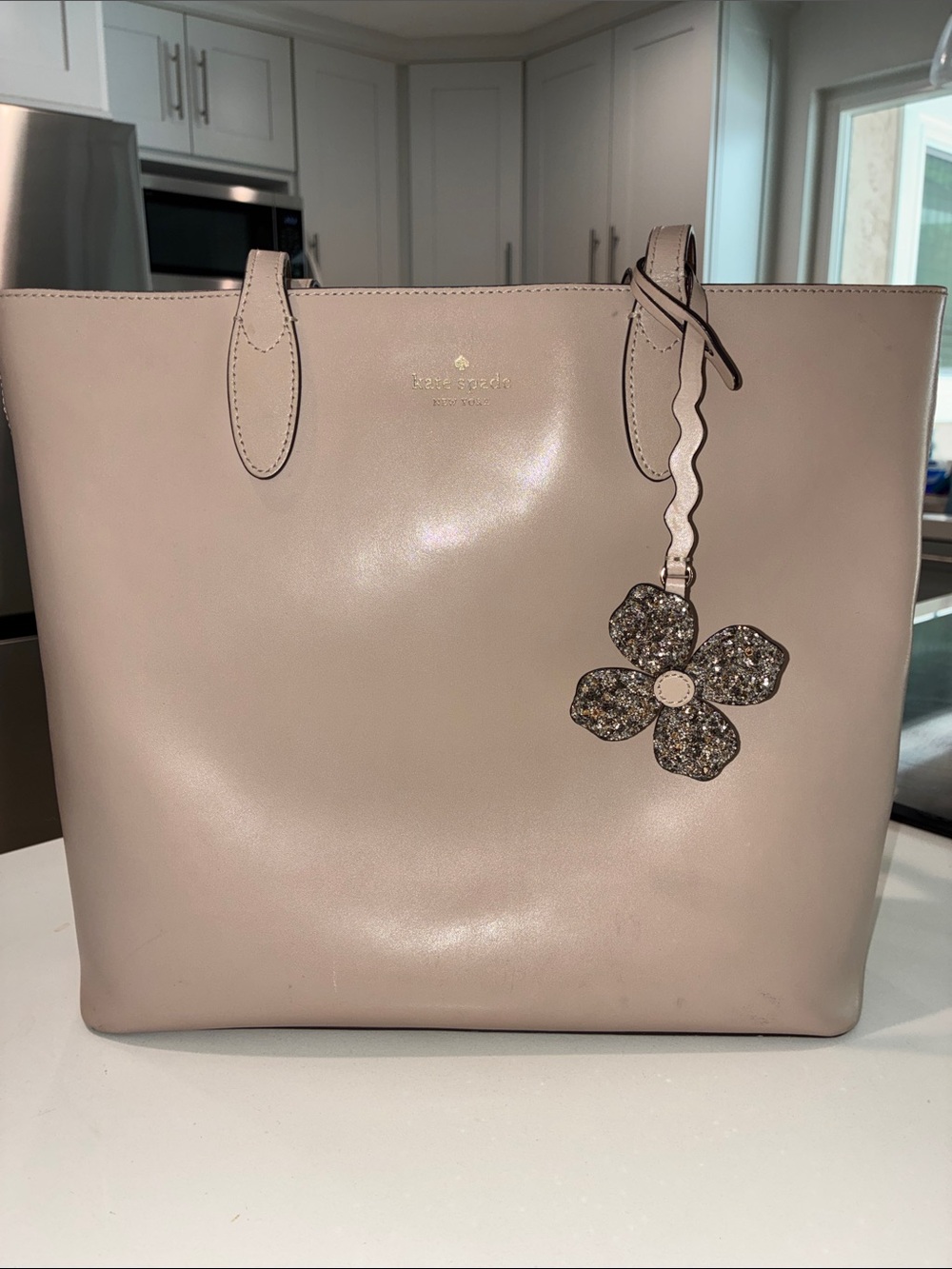 KATE SPADE EUC Blush Pink Leather Tote with Attached Sparkle Floral Charm.